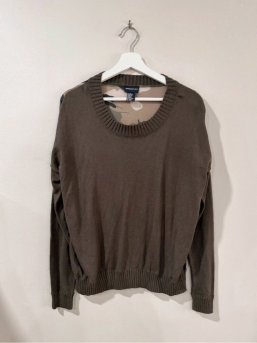 Central Park West Women M Olive Camo Silk Back Sweater Leather Patch Utility